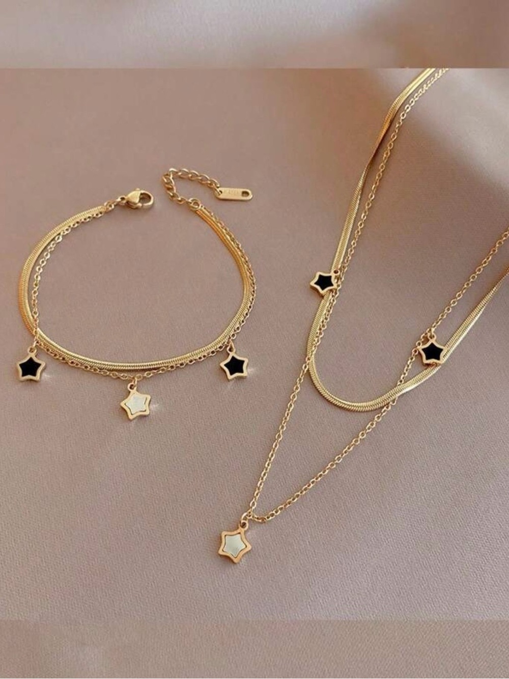 Gold Star Enamel Layered Necklace and Bracelet Set - Black & White Stars